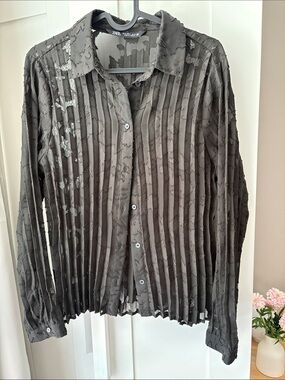 Zara Black Semi-Sheer Pleated Texture Button-Down Shirt